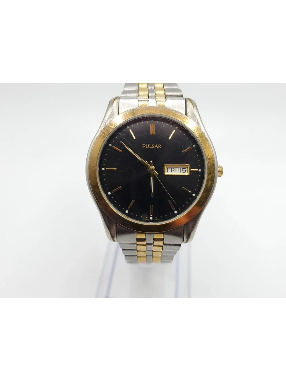 Vintage Pulsar Quartz Mens Watch New Battery Two-Tone Black Day/Date Dial 37mm